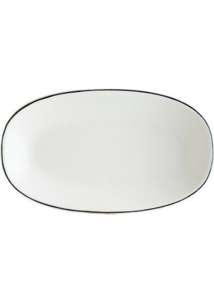 Retro Gourmet 12 Adet 19*11 cm Siyah Kenar Çizgili Porselen Oval Kayık Tabak