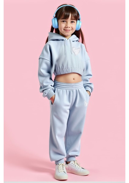 Gro Mavi Pamuklu Kız Çocuk Crop Sweatshirt Eşofman Altı Takım