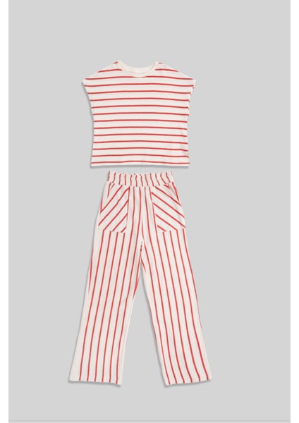 Liva Kırmızı Çizgili Kız Çocuk Lastikli Pantolon Tshirt Takım modelleri