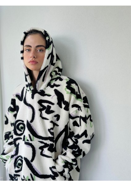 Polar ve Velur Karışımlı Kalın Kışlık Oversize Kapüşonlu Sweatshirt Unısex Ekru