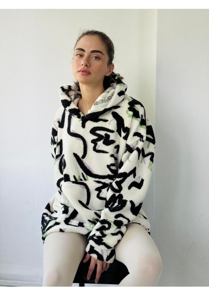 Polar ve Velur Karışımlı Kalın Kışlık Oversize Kapüşonlu Sweatshirt Unısex Ekru