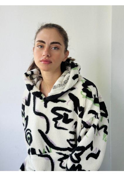 Polar ve Velur Karışımlı Kalın Kışlık Oversize Kapüşonlu Sweatshirt Unısex Ekru