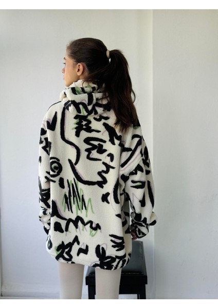 Polar ve Velur Karışımlı Kalın Kışlık Oversize Kapüşonlu Sweatshirt Unısex Ekru