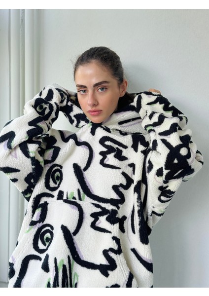 Polar ve Velur Karışımlı Kalın Kışlık Oversize Kapüşonlu Sweatshirt Unısex Ekru