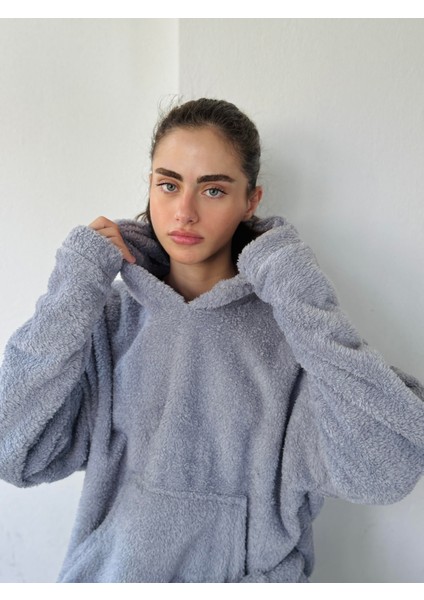 Polar ve Velur Karışımlı Kalın Kışlık Oversize Kapüşonlu Sweatshirt Unisex Gri