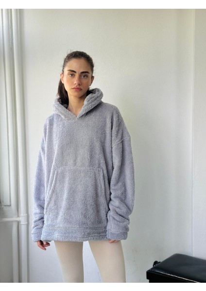 Polar ve Velur Karışımlı Kalın Kışlık Oversize Kapüşonlu Sweatshirt Unisex Gri
