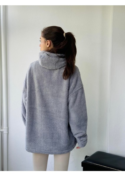 Polar ve Velur Karışımlı Kalın Kışlık Oversize Kapüşonlu Sweatshirt Unisex Gri