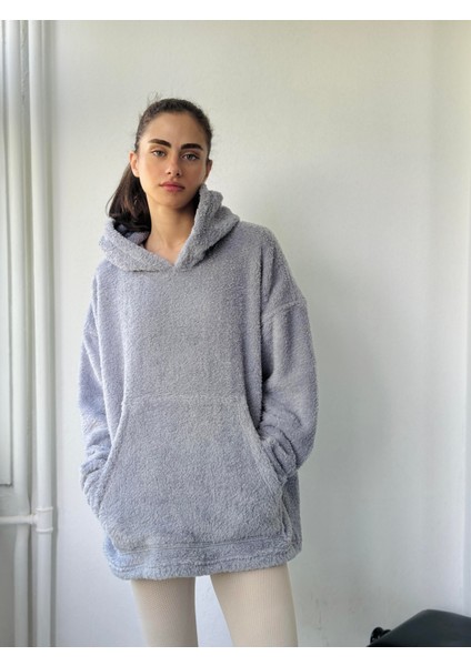 Polar ve Velur Karışımlı Kalın Kışlık Oversize Kapüşonlu Sweatshirt Unisex Gri