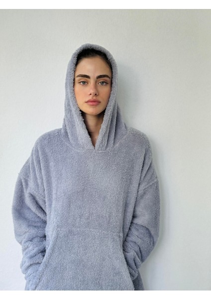Polar ve Velur Karışımlı Kalın Kışlık Oversize Kapüşonlu Sweatshirt Unisex Gri