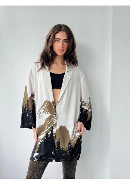Tasarım Dağ Desen Kimono Gömlek Ceket Kadın Açık Gri fırsatları
