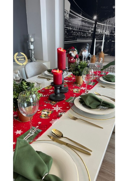 Yeni Yıl Temalı Kırmızı Yeşil Figürlü Runner Yılbaşı Runner modelleri