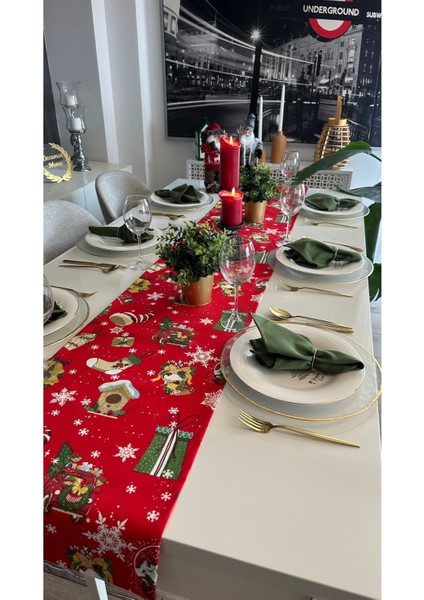 Yeni Yıl Temalı Kırmızı Yeşil Figürlü Runner Yılbaşı Runner fırsatları