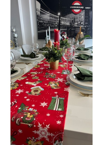 Yeni Yıl Temalı Kırmızı Yeşil Figürlü Runner Yılbaşı Runner indirimleri