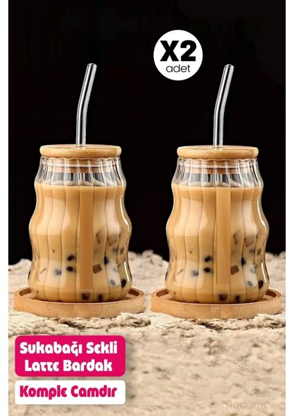 2li Sukabağı Latte Bardak Bambu Kapaklı Iskandinav Cam Bardak 400 ml