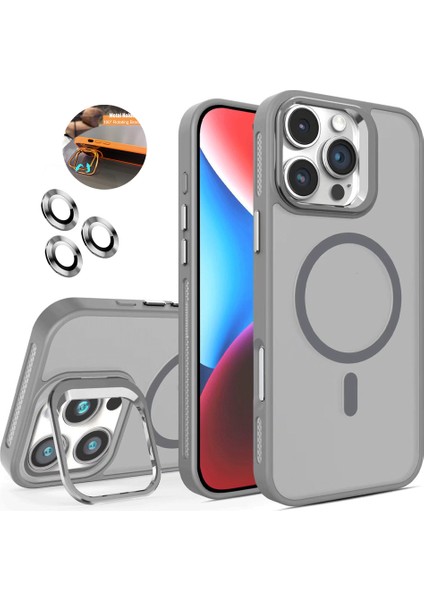 iPhone 16 Pro Max Kılıf + Lens Koruyucu Magsafe ve Stant Özellikli Arkası Mat Sert Pc Leke Yapmaz