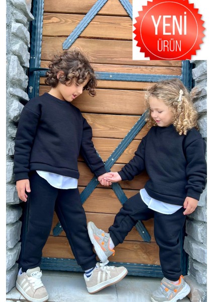 Gömlek Detaylı Spor 3 Iplik Şardonlu Takım - Siyah