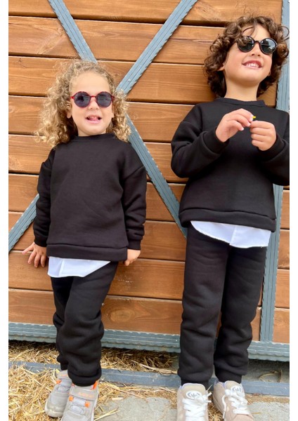 Gömlek Detaylı Spor 3 Iplik Şardonlu Takım - Siyah modelleri