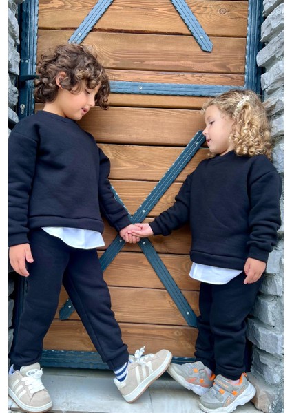 Gömlek Detaylı Spor 3 Iplik Şardonlu Takım - Siyah indirimleri