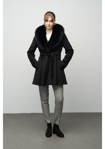 Yakası Çıkabilen Kürklü Kloş Kaşmir Kaban Siyah 3008-TK