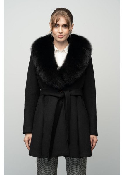 Yakası Çıkabilen Kürklü Kloş Kaşmir Kaban Siyah 3008-TK fiyatları