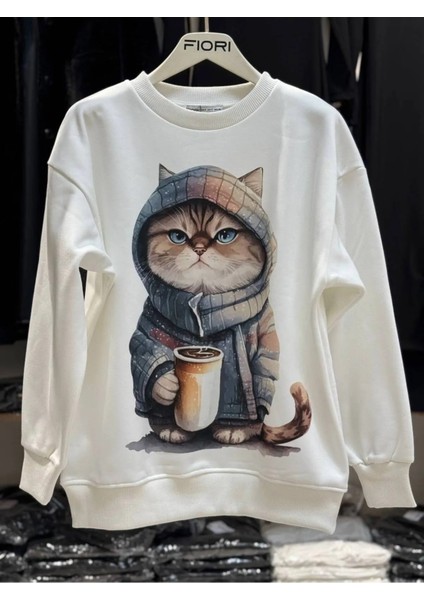 Kedi Baskılı Bisiklet Yaka 3 Iplik Şardonlu Sweatshirt fiyatları