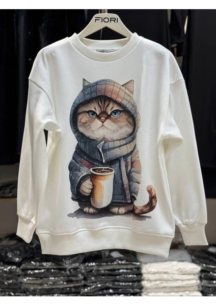Kedi Baskılı Bisiklet Yaka 3 Iplik Şardonlu Sweatshirt modelleri