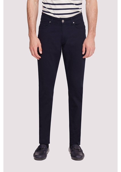 Erkek Lacivert Slim Fit Üst Cep Kanvas Pantolon