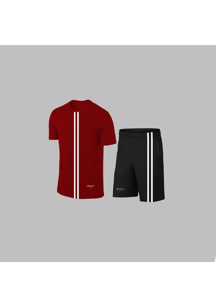 Yeni Seri Büyük Beden Erkek Bordo Dri-Fit Kumaş Cepli Bisiklet Yaka Sporcu Tişört Şort Alt Üst Ikili Takım 4XL-10XL