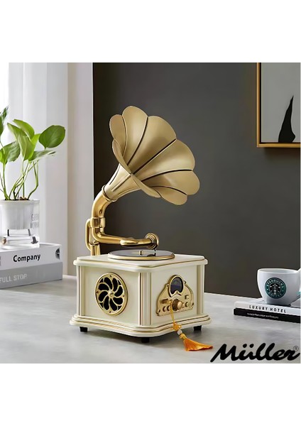 Md-88 Dekoratif Bluetooth Gramofon Beyaz/Ivory White 220*200*400mm