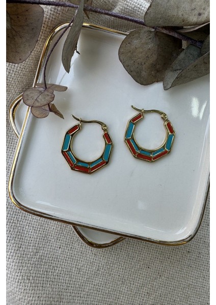 Çelik Mavi & Turuncu Mineli Altıgen Küpe