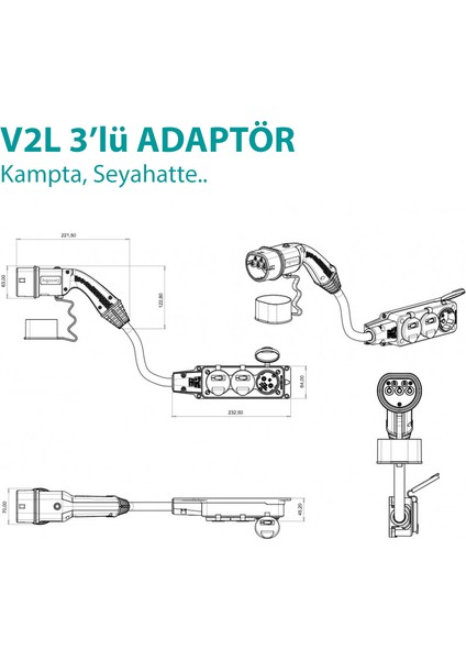 Mg, V2L Adaptör 3'lü Priz, Elektrikli Aracınıza 220V Ev Tipi Priz,Kampta-Seyahatte