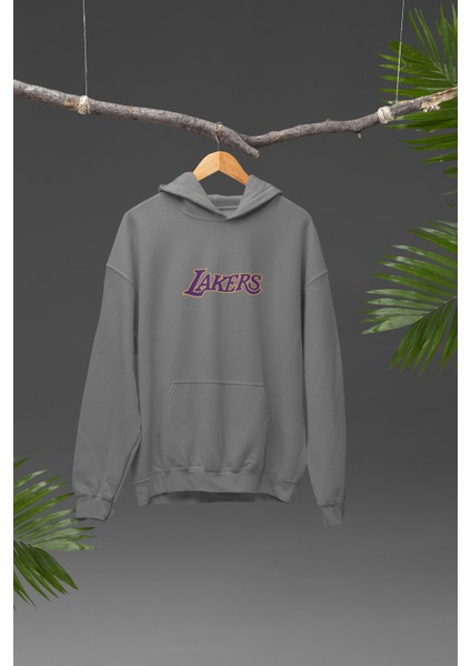 Lakers Tasarımı Baskılı Yüksek Kalite Kapüşonlu Kanguru Cepli Unisex Oversize Sweatshirt