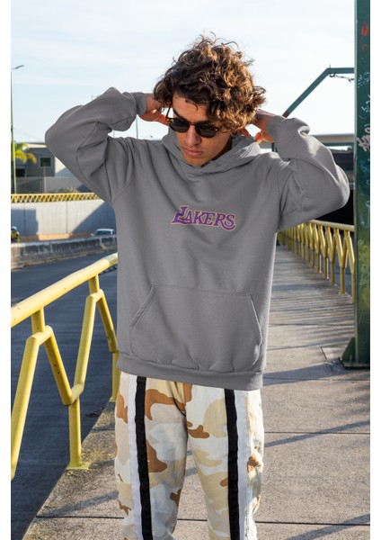 Lakers Tasarımı Baskılı Yüksek Kalite Kapüşonlu Kanguru Cepli Unisex Oversize Sweatshirt