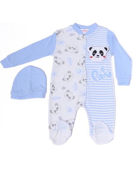 Erkek Bebek Tulum Şapkalı Panda Baskılı Çıtçıtlı D6