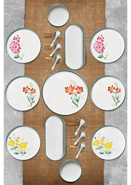 Kitchen Life 23 Parça 6 Kişilik Flowers Stackable Kahvaltı Takımı - Sosluklu ve Kaşıklı Kahvaltılık Sunum Seti