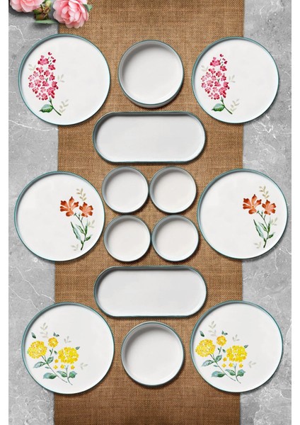 Kitchen Life 14 Parça 6 Kişilik Flowers Stackable Kahvaltı Takımı - Lüx Kahvaltılık Sunum Seti Tabağı