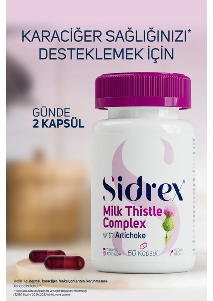 Sıdrex Milk Thistle Complex Deve Dikeni Ekstresi Ve Enginar Ekstresi Içeren Takviye Edici Gıda 60 Kapsül