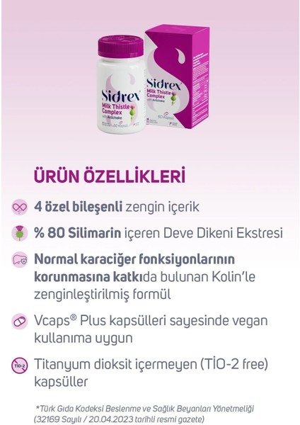 Sıdrex Milk Thistle Complex Deve Dikeni Ekstresi Ve Enginar Ekstresi Içeren Takviye Edici Gıda 60 Kapsül