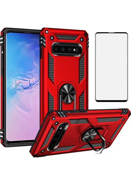 Samsung Galaxy S10 Plus Kılıf Vega Yüzüklü Armor Tank Kılıf Vg1 + Tam Kapatan Pet Esnek Koruyucu