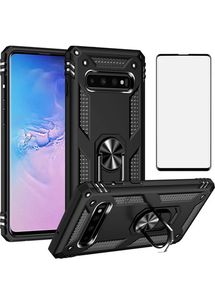 Samsung Galaxy S10 Kılıf Vega Yüzüklü Armor Tank Kılıf Vg1 + Tam Kapatan Pet Esnek Koruyucu