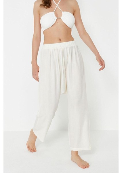 Kadın Yeni Moda Geniş Paça Uzun Boy Dokuma Ekru Şalvar Pantolon