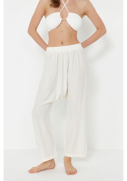 Kadın Yeni Moda Geniş Paça Uzun Boy Dokuma Ekru Şalvar Pantolon