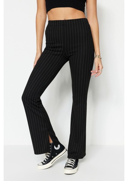 Kadın Moda Ispanyol Paça Uzun Boy Örme Smart Yırtmaçlı Flare Yüksek Bel Çizgili Örme Tayt Pantolon