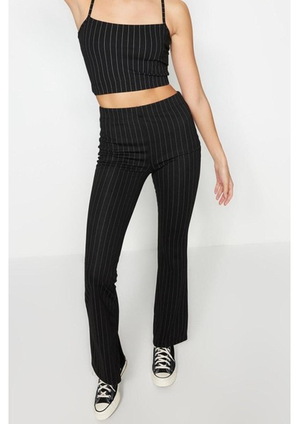 Kadın Moda Ispanyol Paça Uzun Boy Örme Smart Yırtmaçlı Flare Yüksek Bel Çizgili Örme Tayt Pantolon modelleri