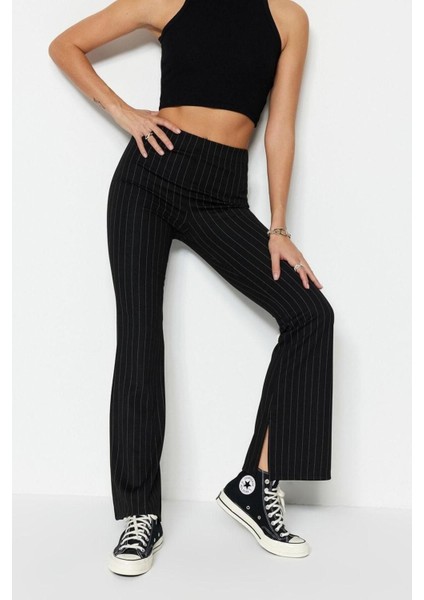 Kadın Moda Ispanyol Paça Uzun Boy Örme Smart Yırtmaçlı Flare Yüksek Bel Çizgili Örme Tayt Pantolon fırsatları