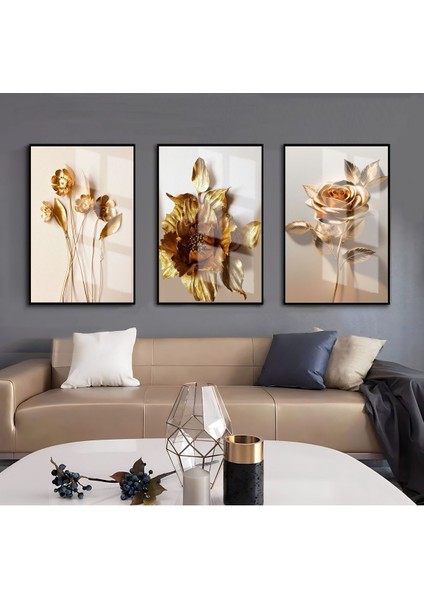 Krem - Gold Gül Çiçek Kombini Çerçeveli Cam Tablo 3'lü Dikey