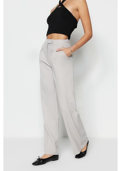 Kadın Yeni Moda Boru Paça Regular Boy Dokuma Wide Leg Geniş Paça Yüksek Bel Pantolon