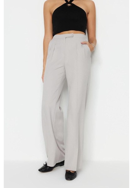 Kadın Yeni Moda Boru Paça Regular Boy Dokuma Wide Leg Geniş Paça Yüksek Bel Pantolon