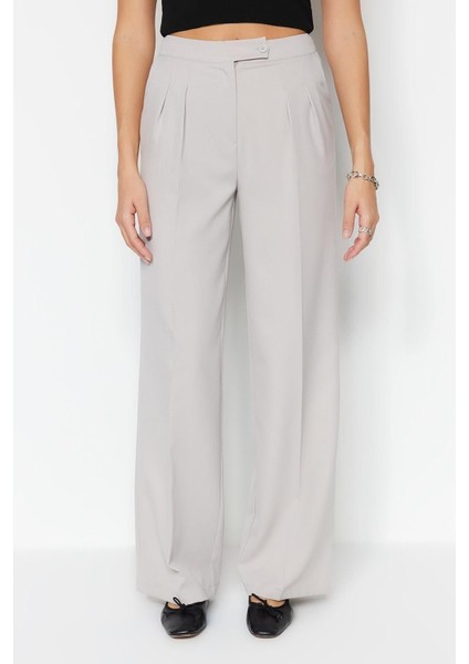 Kadın Yeni Moda Boru Paça Regular Boy Dokuma Wide Leg Geniş Paça Yüksek Bel Pantolon