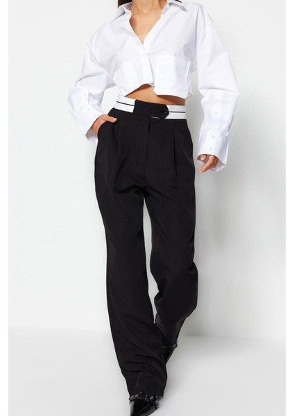 Kadın Yeni Moda Geniş Paça Uzun Boy Dokuma Wide Leg Geniş Paça Bel Detaylı Pantolon
